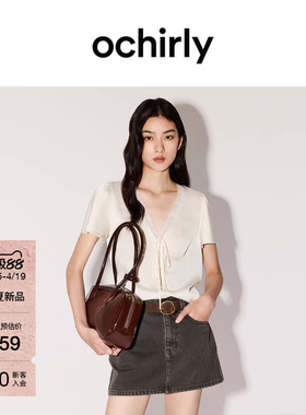 【新品】OCHIRLY欧时力 衬衫26春夏缎面蕾丝花边V领法式防晒短袖