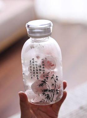 双盖双饮书法定风波玻璃水杯吸管杯国风耐热牛奶豆浆杯饮料咖啡杯