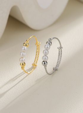 细款可调节圆珠关节戒小众设计网红冷淡风复古ins潮三颗珍珠戒指