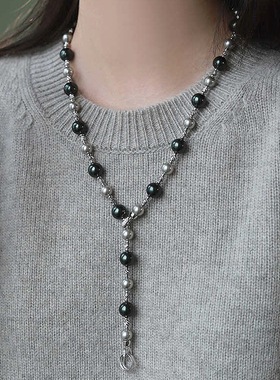 秋冬长款大溪地施家珍珠项链轻奢女拼色设计感冷淡风感毛衣链