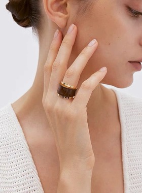 如饰小众设计法式复古巧克力色双层珐琅戒指开口美拉德色指环