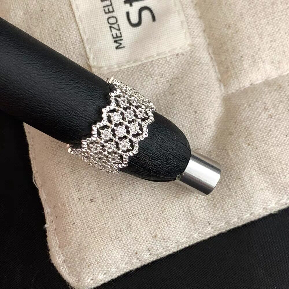 通体925纯银镀白金复古镂空蕾丝花边镶锆戒指女ins风轻奢开口指环