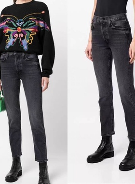 代购正品Mother26秋冬新款黑灰色高腰小直筒弹力九分烟管牛仔裤女