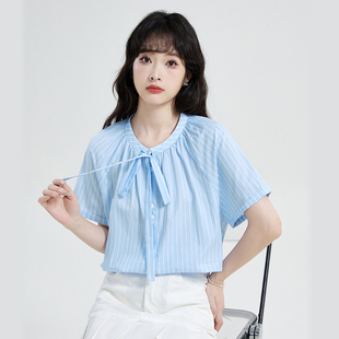 法式系带蝴蝶结条纹衬衫女装夏季款短袖甜美时尚显瘦休闲圆领上衣