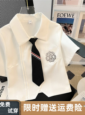 夏季新品原创jk制服学院风设计感小众百搭刺绣白色衬衫短袖女上衣