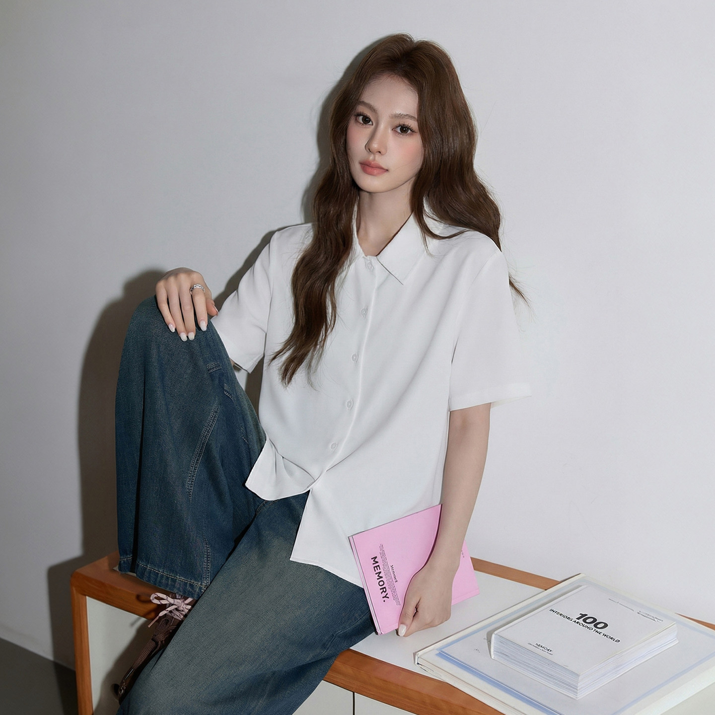 白色短袖衬衫女夏2026夏季新款宽松POLO领纯色衬衣半袖学生上衣潮