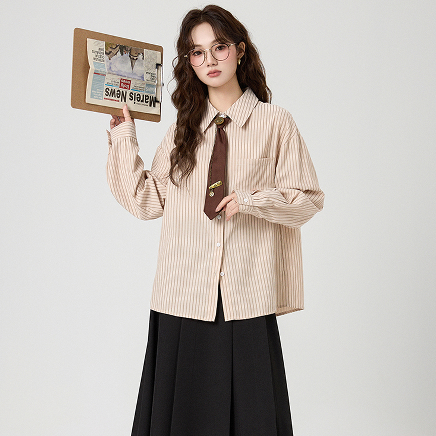 美式复古学院风条纹衬衫上衣女秋
