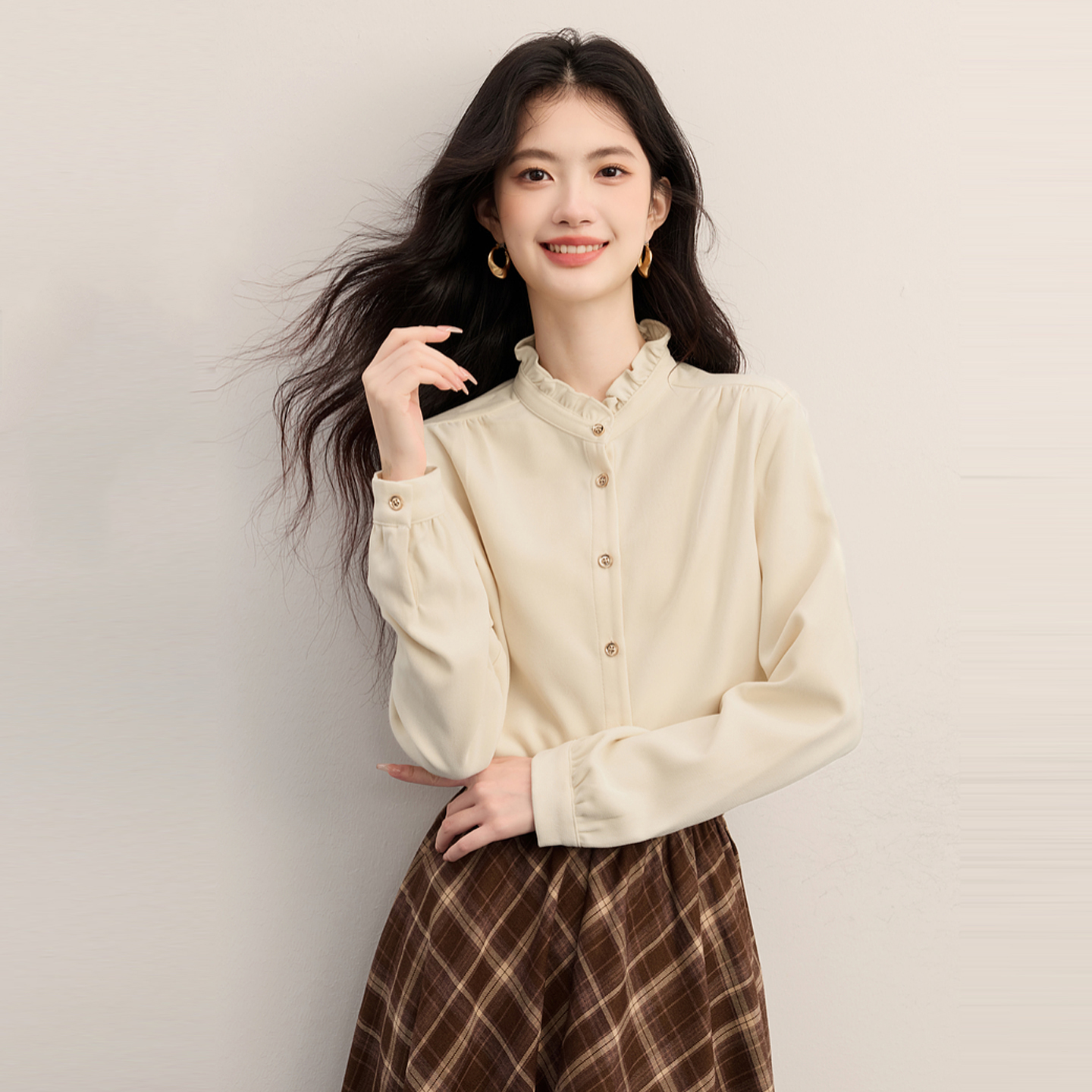 法式温柔风木耳边衬衫女加厚磨毛