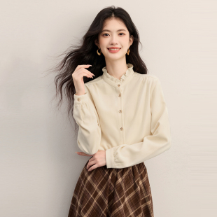法式温柔风木耳边衬衫女加厚磨毛长袖杏色通勤衬衣复古叠穿上衣秋