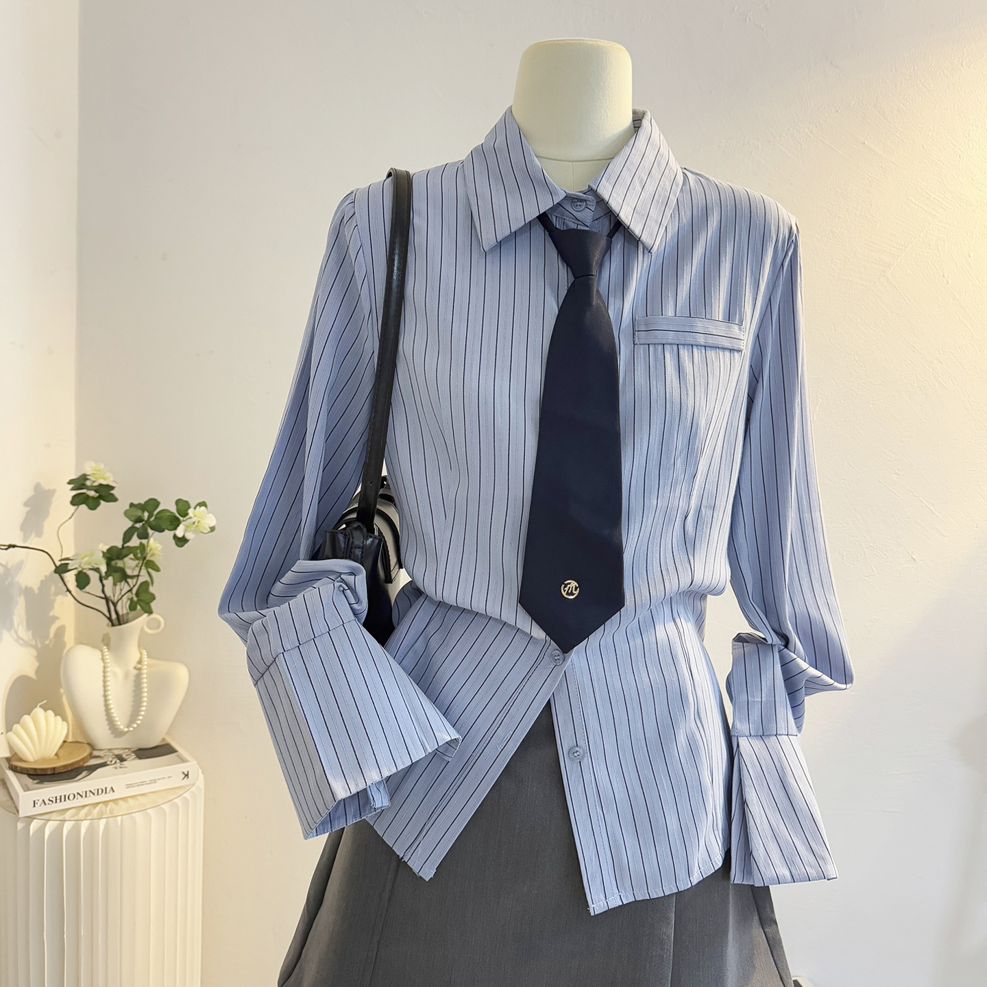 学院风长袖蓝色条纹衬衫女JK制服