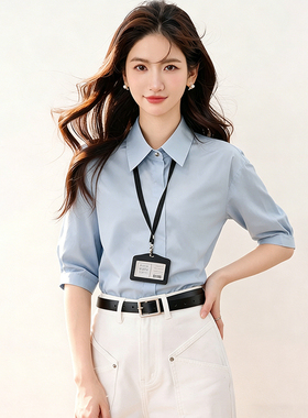 法式蓝色短袖衬衫女2026夏季新款翻领开衫正装女士轻职场通勤衬衣