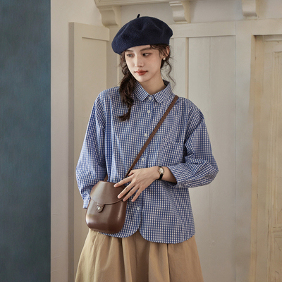 日系简约娃娃领格子长袖气质衬衫