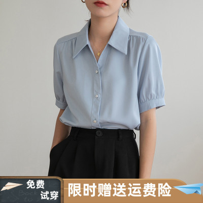 蓝色短袖雪纺衬衫女夏季教资教师