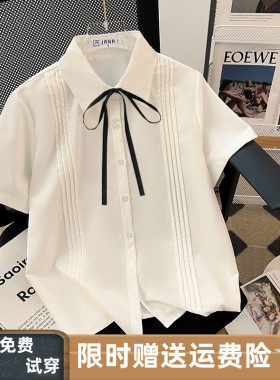 短袖白色衬衫女夏款甜美系带蝴蝶结基础款风琴褶学院风JK制服上衣