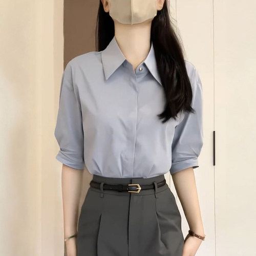 法式通勤蓝色短袖衬衫女暗门襟夏