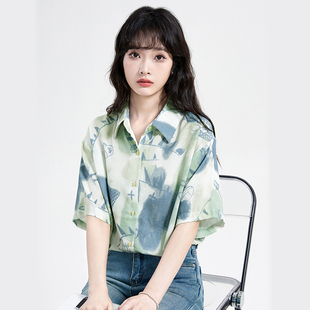 港风印花短袖衬衫女2026夏季款百搭宽松设计感艺术绘画感学生上衣