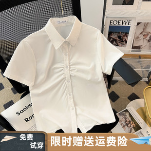 短袖衬衫女辣妹学姐微弹衬衣原创上衣白色夏季纯欲纯色jk收腰制服