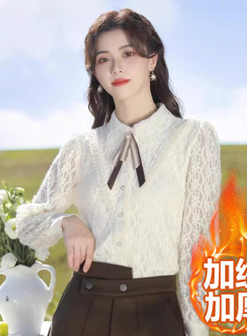 法式娃娃领加绒蝴蝶结衬衫加厚冬
