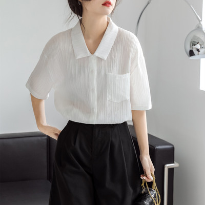 白色短袖衬衫女夏新款肌理感上衣