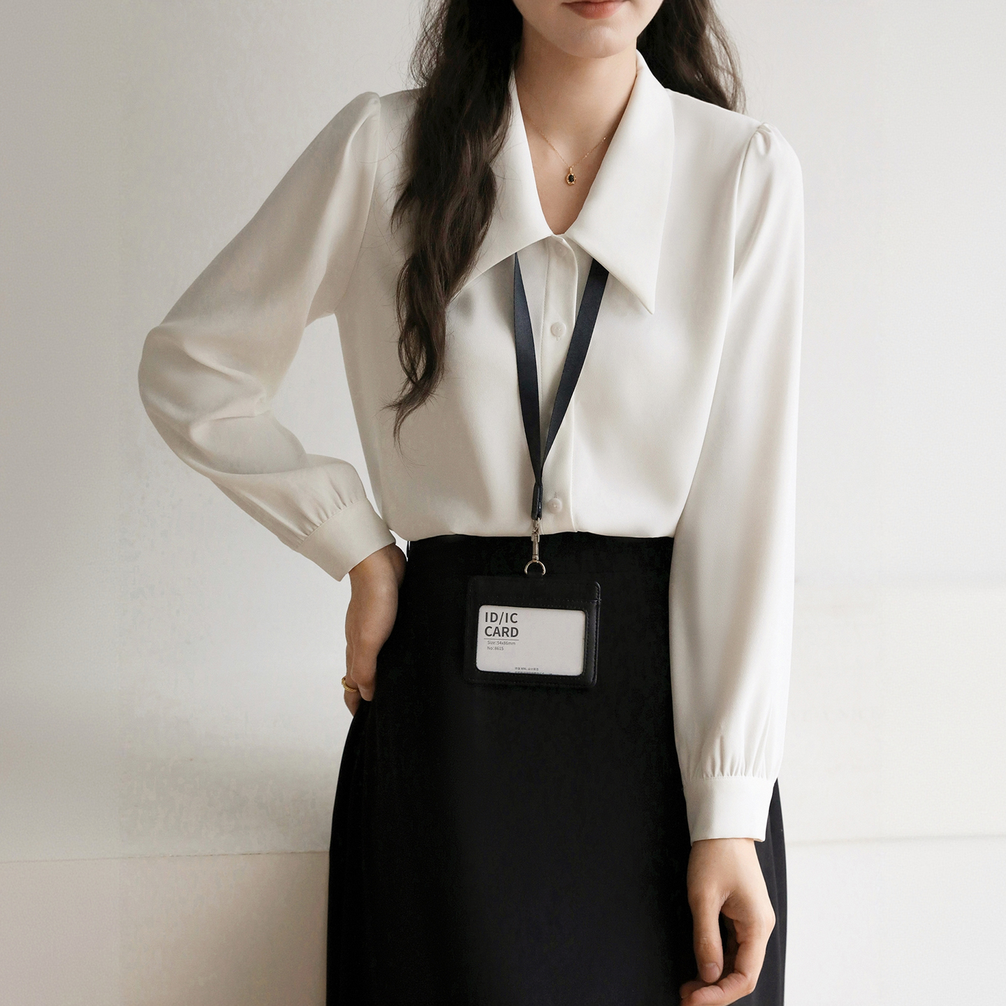 法式白色尖领衬衫女长袖正肩上衣