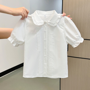 日系甜美风学生校园娃娃领泡泡袖白色衬衫女短袖学院风设计感上衣