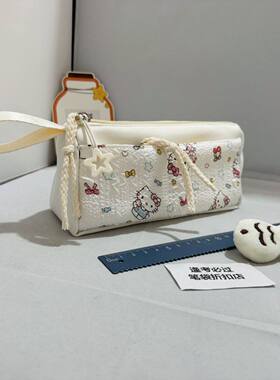 【Bolor正品】少女风卡通印花笔袋白色抽绳式学生文具盒可爱清新