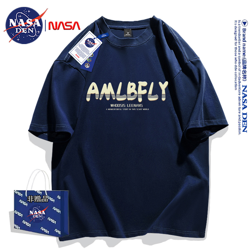 NASA联名2024款夏装纯棉休闲青年大码T恤衣美式宽松五分袖短袖男-封面