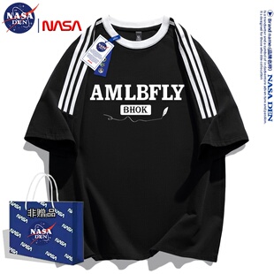 夏季 NASA联名美式 复古重磅纯棉三条杠短袖 T恤男女款 字母印花t恤衫