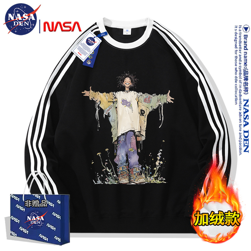 NASA联名美式重磅长袖卫衣男女款时尚休闲宽松百搭三条杠加绒上衣