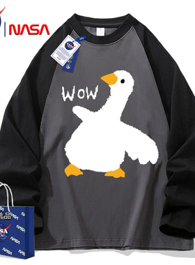 NASA联名重磅纯棉插肩长袖T恤男女款春秋季撞色拼接圆领上衣情侣