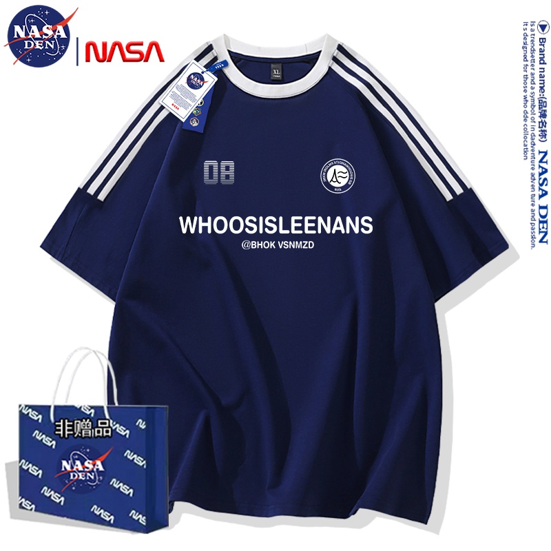 NASA联名美式重磅纯棉夏季圆领短袖T恤男女款百搭三条杠插肩上衣
