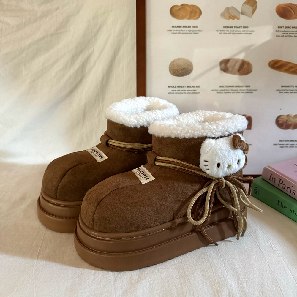 林先叁 冬季新款KT猫雪地靴女加绒保暖棉鞋厚底增高短靴棉拖鞋