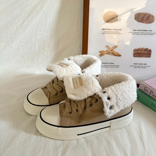 林先叁 韩版高帮厚底帆布鞋女加绒保暖毛毛板鞋冬季新款两穿板鞋