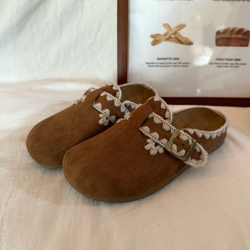 林先叁 2025新款厚底一脚蹬懒人拖鞋女外穿包头半拖鞋刺绣勃肯鞋