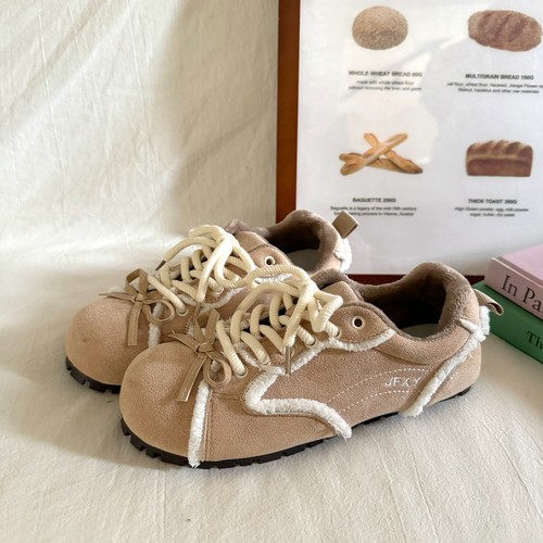 林先叁 复古加绒德训鞋女双蝴蝶结拼接休闲板鞋平底保暖百搭女鞋