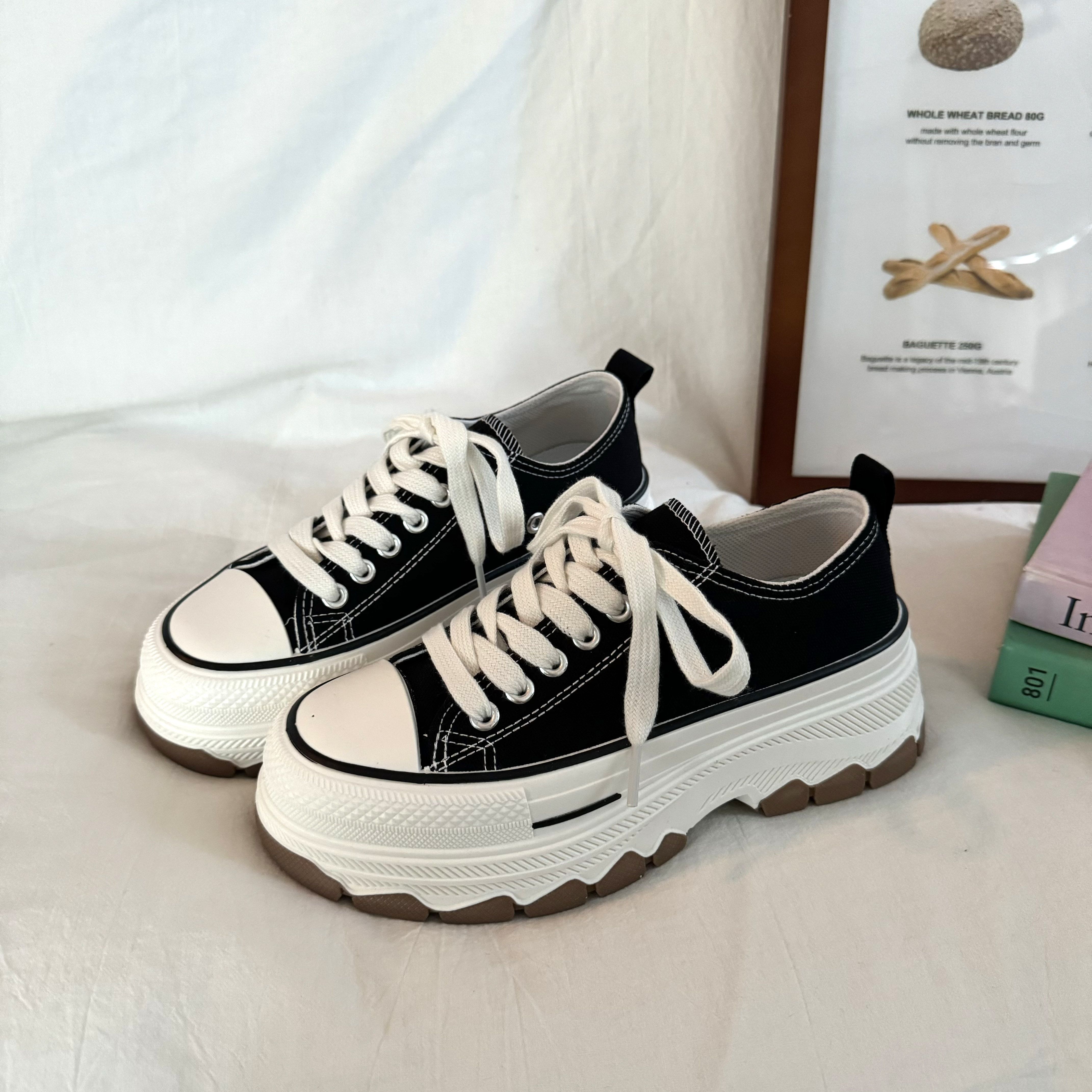 林先叁 韩版厚底帆布鞋女黑白百搭内增高交叉绑带圆头小白鞋百搭