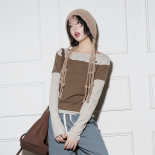 万有引力博物馆 ü线下店同款 拼接撞色假两件长袖 T恤女K wink