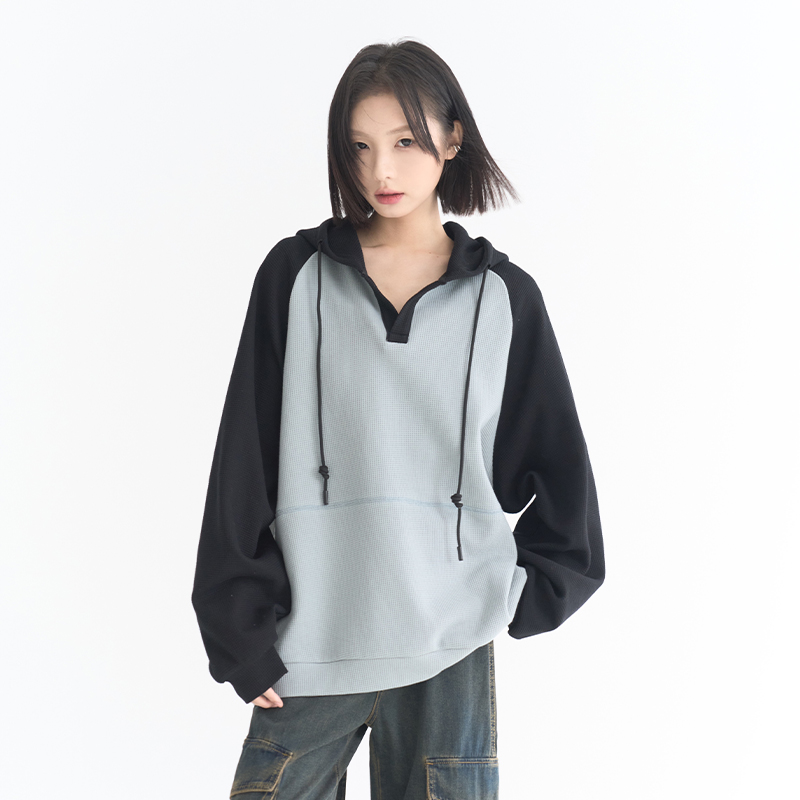 万有引力博物馆 拼接撞色插肩袖连帽卫衣女秋季2024新款宽松上衣