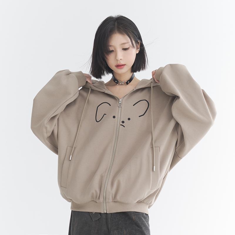 万有引力博物馆 小狗印花开衫连帽卫衣外套女冬加绒加厚宽松上衣K