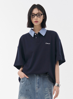 万有引力博物馆假两件格子拼接翻领短袖T恤女2025夏季上衣POLO衫K