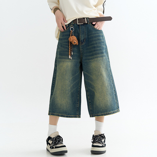 七分裤 复古水洗做旧牛仔裤 女夏季 裤 万有引力博物馆 子阔腿裤 经典