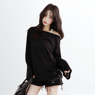 宽松基础款 万有引力博物馆 2026新款 T恤女春季 垂感上衣 大领口长袖