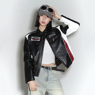 万有引力博物馆拼接撞色皮衣外套女春季 上衣机车服皮夹克 2026新款