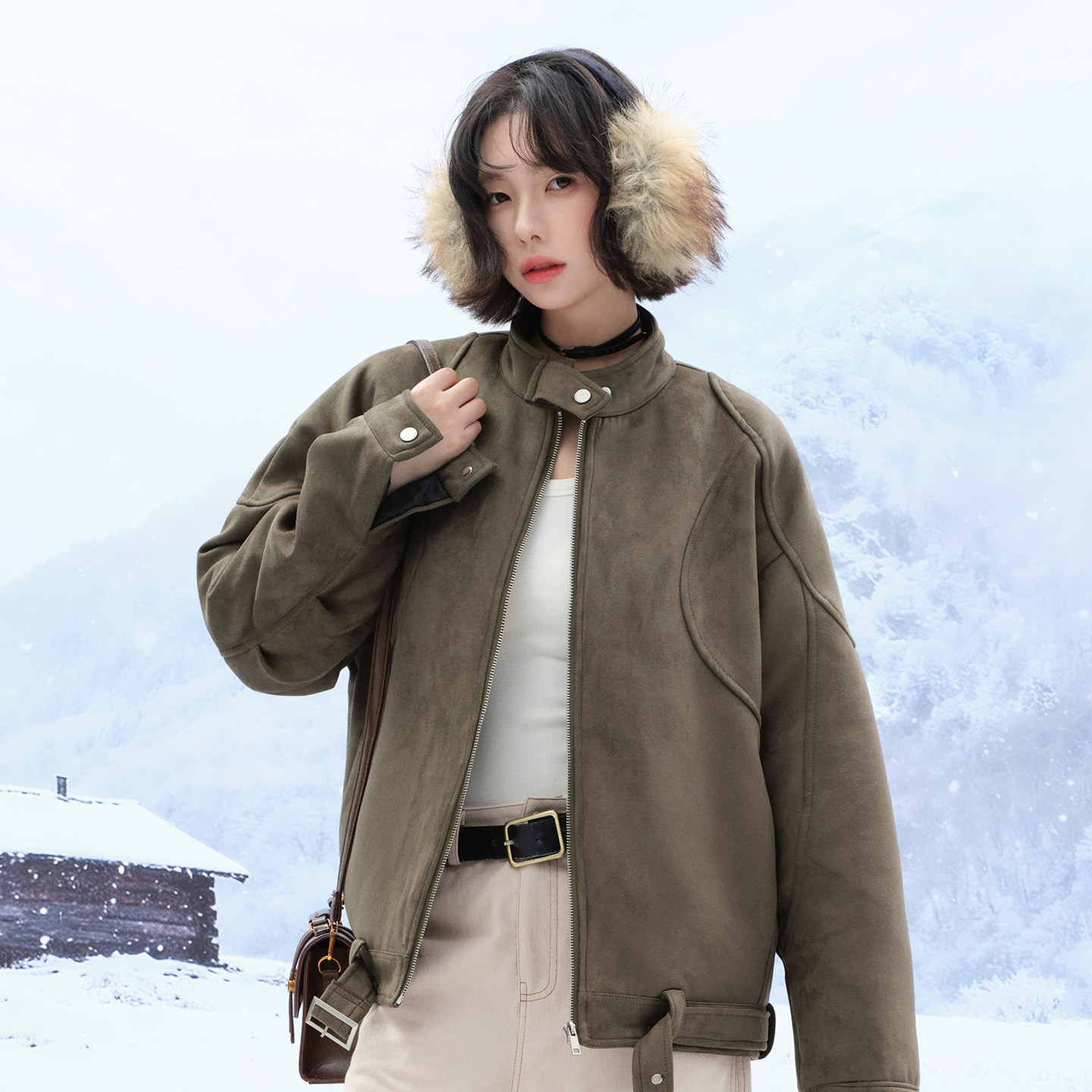 万有引力博物馆 麂皮绒立领棉服女冬季宽松厚外套冬装棉衣棉袄