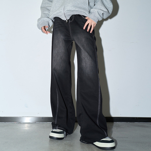 长裤 万有引力博物馆 子宽松直筒裤 裤 黑色水洗阔腿牛仔裤 女春秋款