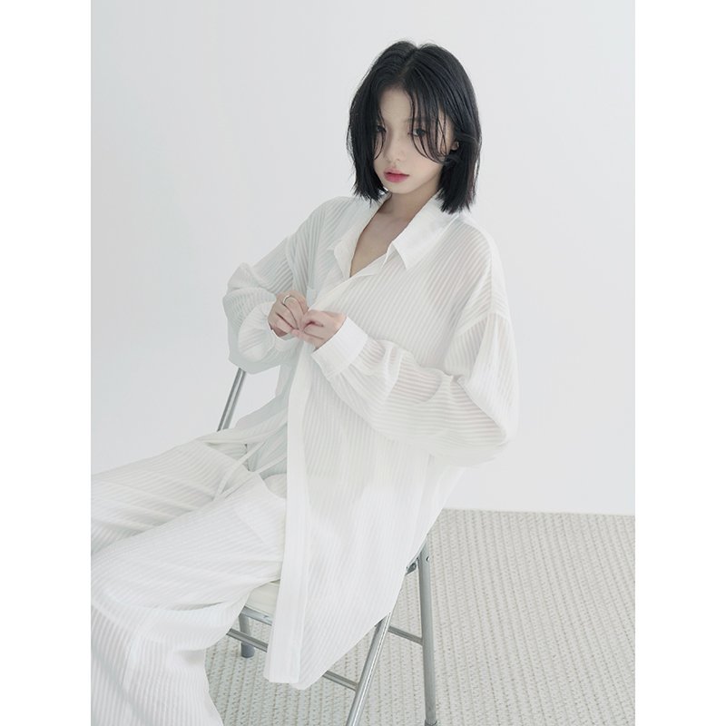万有引力博物馆 肌理感长袖衬衫女长裤休闲裤春秋薄款家居服套装K
