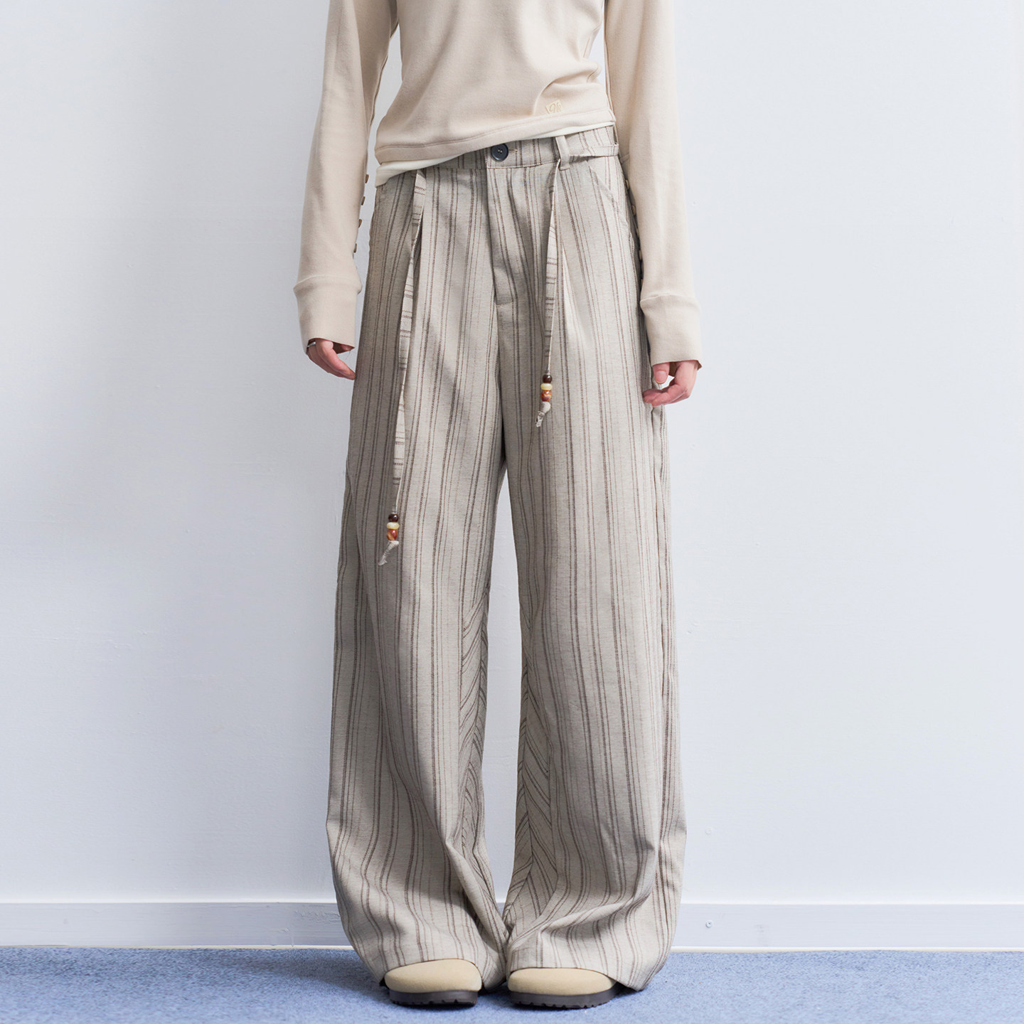 万有引力博物馆 复古肌理感竖条纹休闲裤女春秋款宽松阔腿裤长裤K