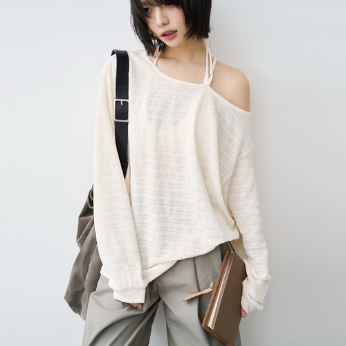 万有引力博物馆 吊带露肩长袖T恤女夏季薄款微透宽松上衣防晒罩衫