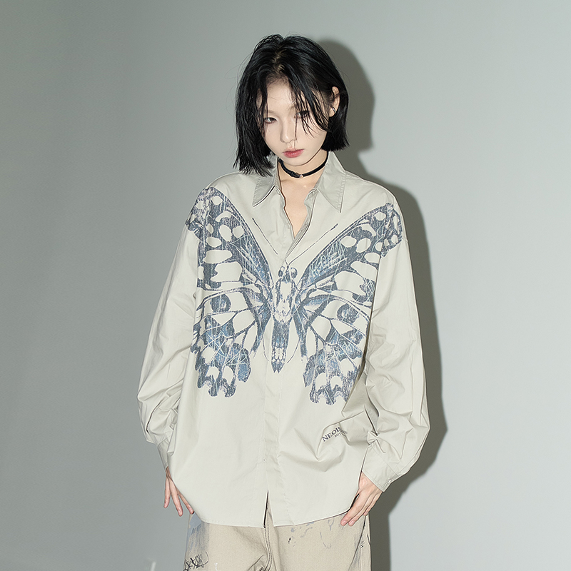 长袖衬衫蝴蝶印花小众宽松