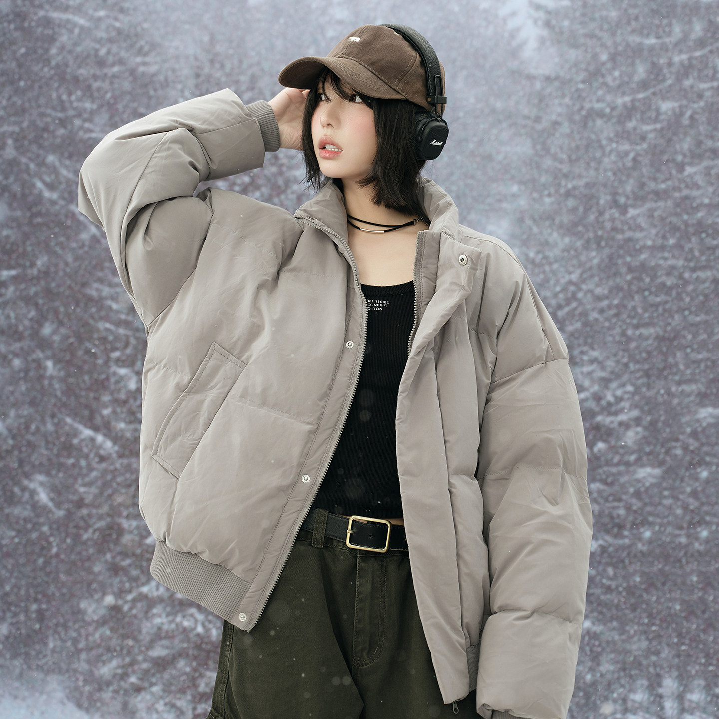 万有引力博物馆 纯色立领棉服女冬季新款宽松中性风棉衣冬装外套